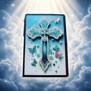 Hand Crafted Diamond Art Blue and White Cross Notebook with Butterflies